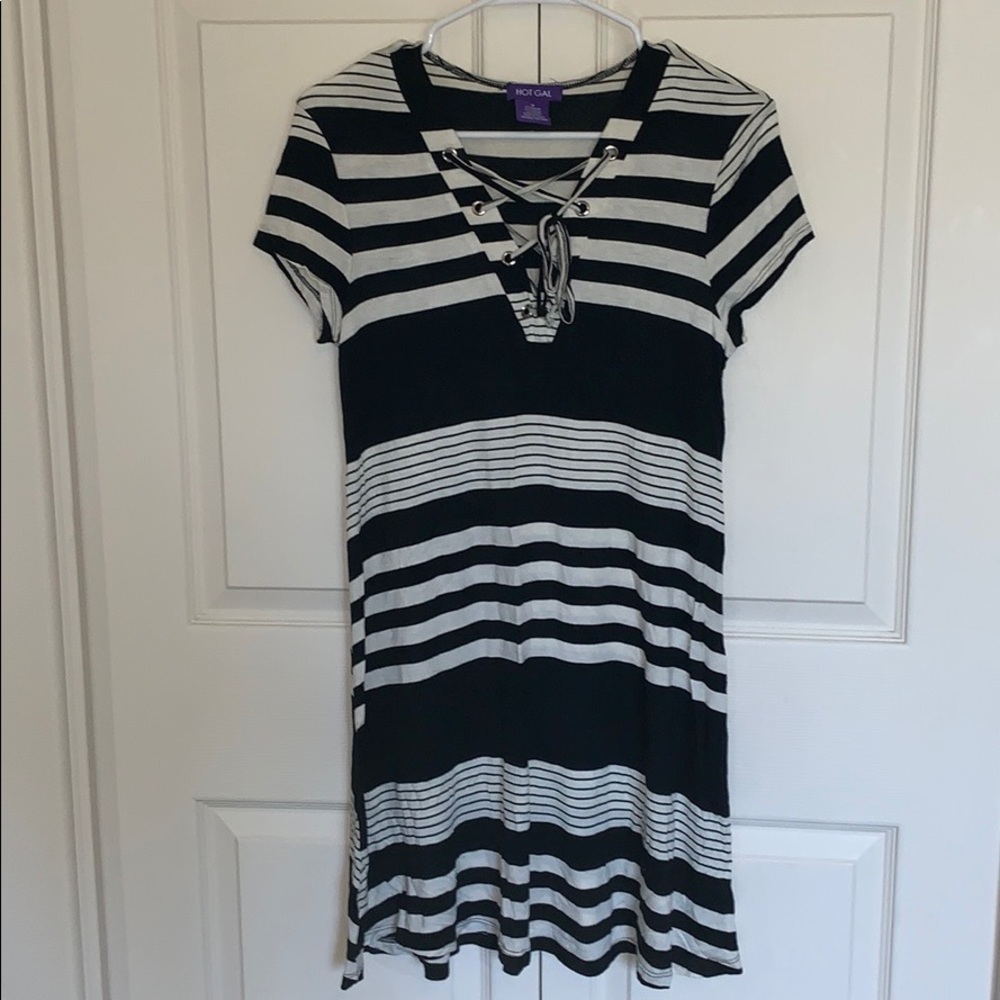 Black and white striped lace up dress